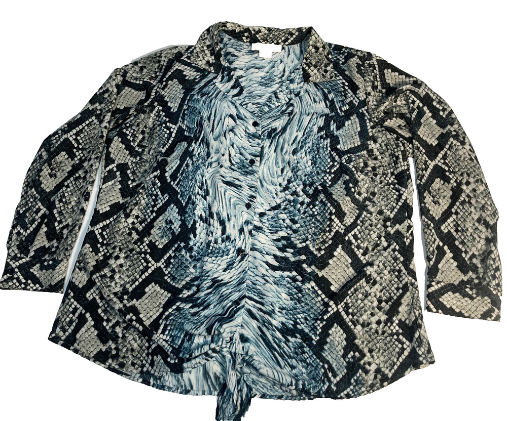 Michael Kors womens shirt blouse snakeskin reptile blue brown print waist tie 1X